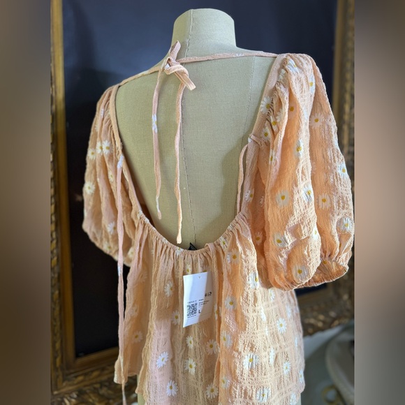 Crop top Floral Print Mesh Short Puff Sleeve Square Neck - Picture 5 of 6